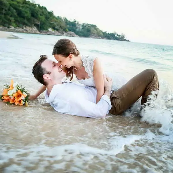 Elopement in Koh Phi Phi with a stunning background of a limestone mountain and clear water as a backdrop. Capture by Phi Phi island professional and affordable photography services. Our website is " phiphiphotography.com "